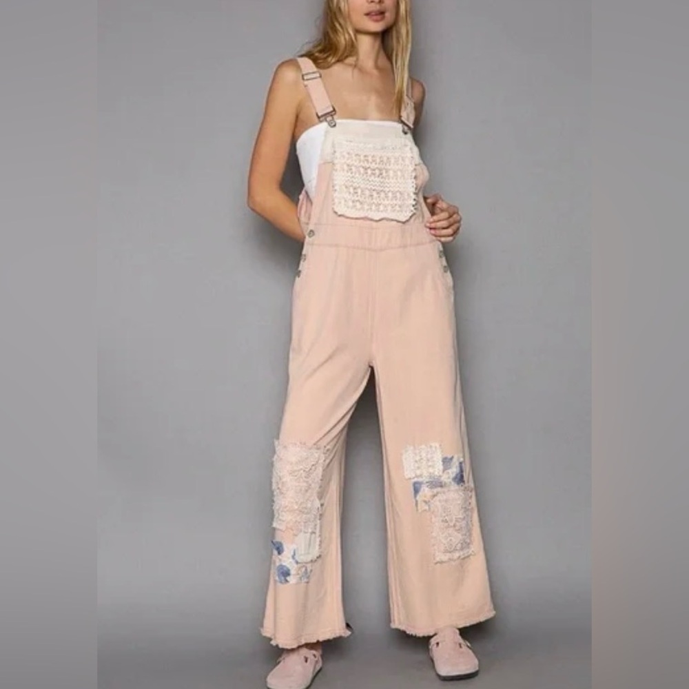 POL Lace Patchwork Wide Leg Denim Overalls